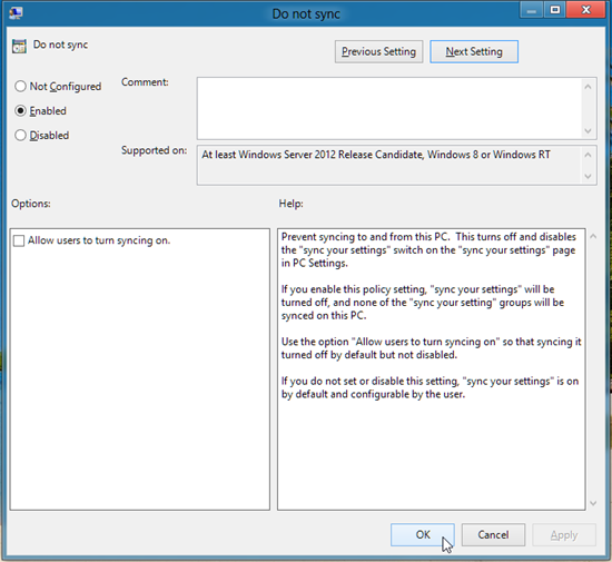 Do Not Sync in Windows 8