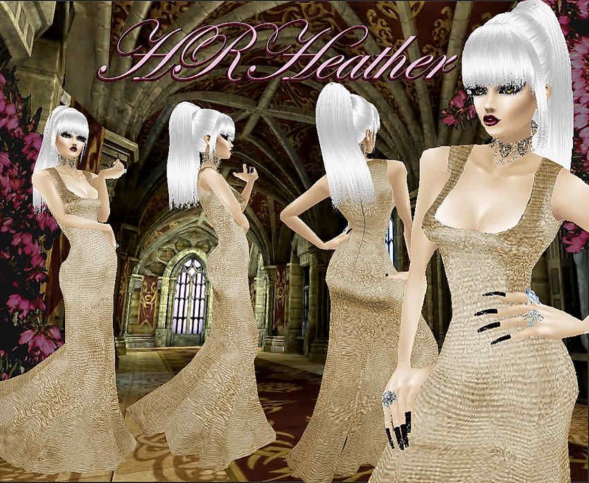 HRHeather's long gold textured formal dress. Perfect for formal occasions, Royal weddings, Imperial affairs, State suppers, and such parties as the very well to do of imvu will be attending. Lords and Ladies, Emperesses, and Royalty, this expensive dress has serious subtle detail that makes it as realistic as it gets. Silk lined of course, your own dress is made to your exacting figure by the most fastidiously detailed Elves who match my original stitch for stitch, a perfect copy. At this price, the chances of rubbing shoulders with anyone else wearing this formal is remote at best – add it to your wish list, devoted husbands buy from those.