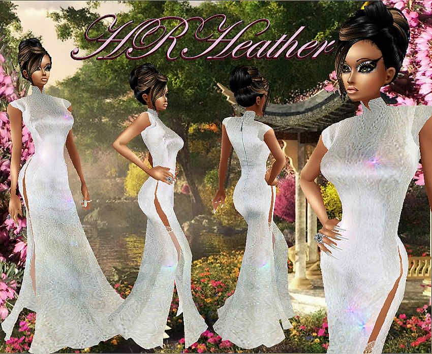 HRHeather's white silk formal Cheong–sam with beautiful embroidery and flashy crystals. This is a very high leg slit shiny white Chinese formal that will be perfect for any Chinese wedding. It glows white, with subtly evident curves showing – it is a highly detailed formal but you have to look closely to see how much so. I hope you enjoy wearing it as much as I enjoyed making it.