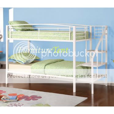 White Metal Twin over Twin Bunk Bed with Step Ladder  