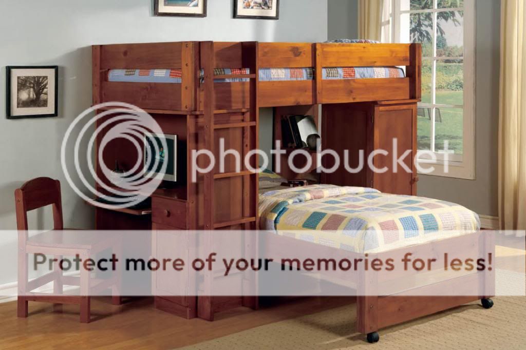 Dark Walnut or Oak Junior Twin Loft Bunk Bed Set with Desk Chair Bookshelf